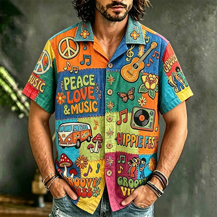 Men's Hippie Style Peace Love Music Patchwork Art Print Casual Shirt