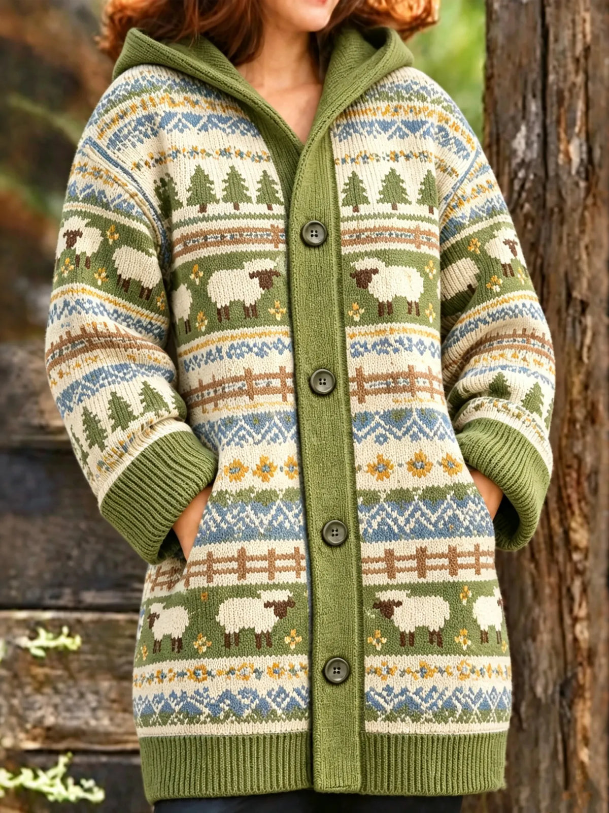 Women's Vintage Sheep-pattern Knitted Hooded Cardigan