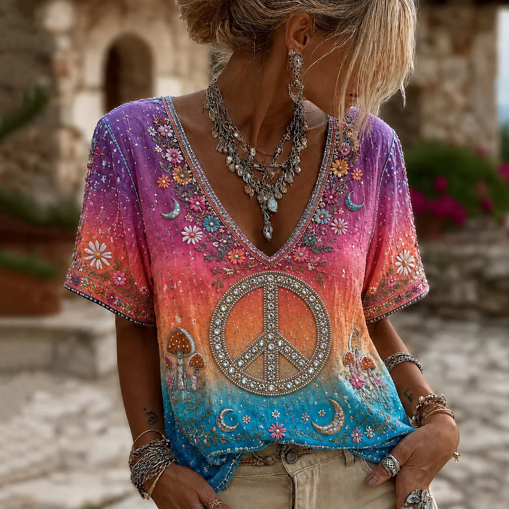 Women's Vintage Hippie Peace Sign V Neck Blouse95% Cotton-5% Nylon