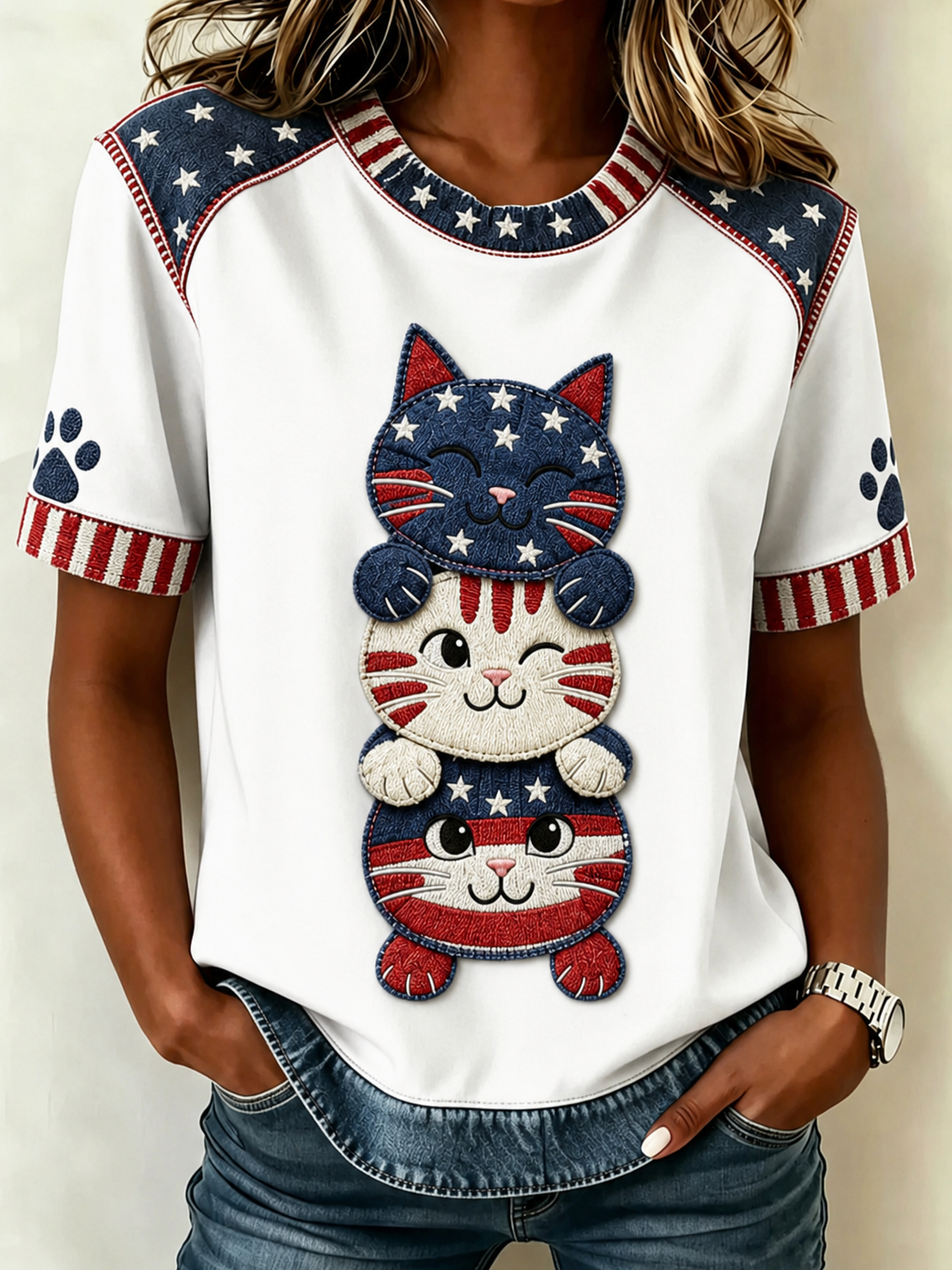 Women'S Cat Flag Printed Round Neck T-Shirt
