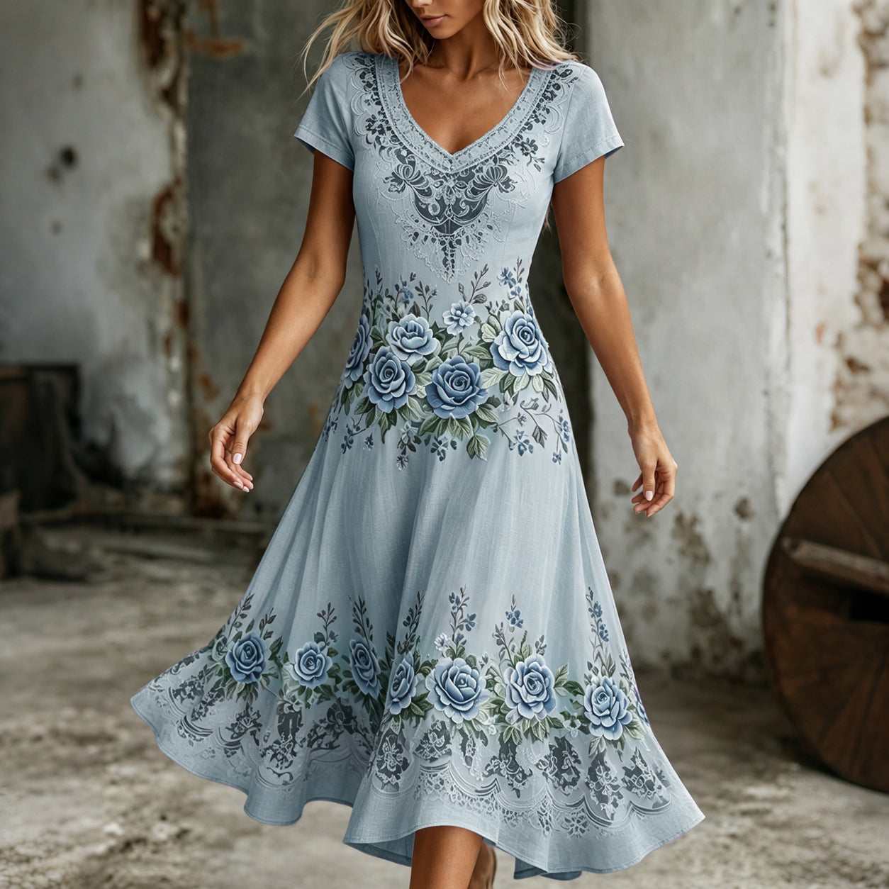 Women's Retro Purple Rose Embroidery Art V Neck Short Sleeve Midi Dress