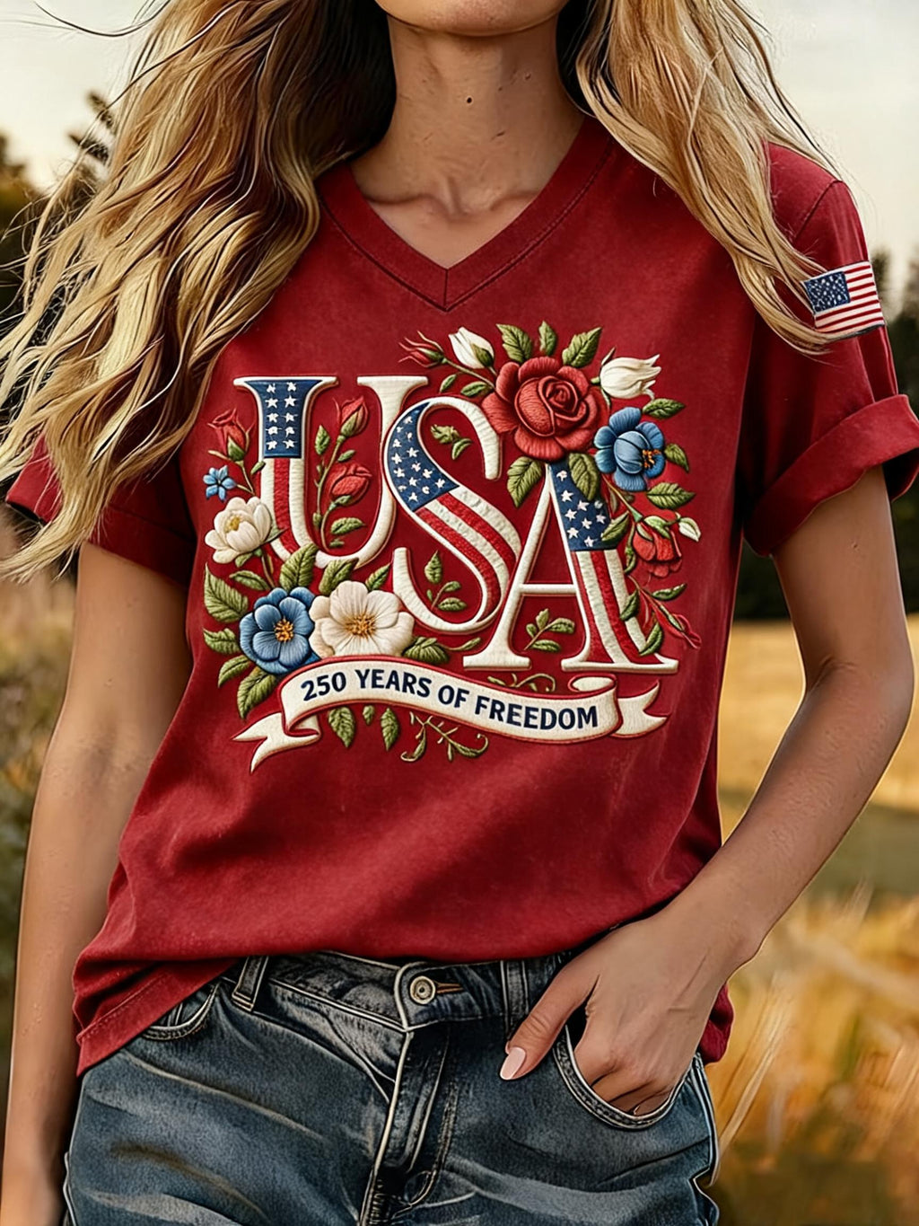 Women's 250th Anniversary Freedom Print V-Neck T-Shirt