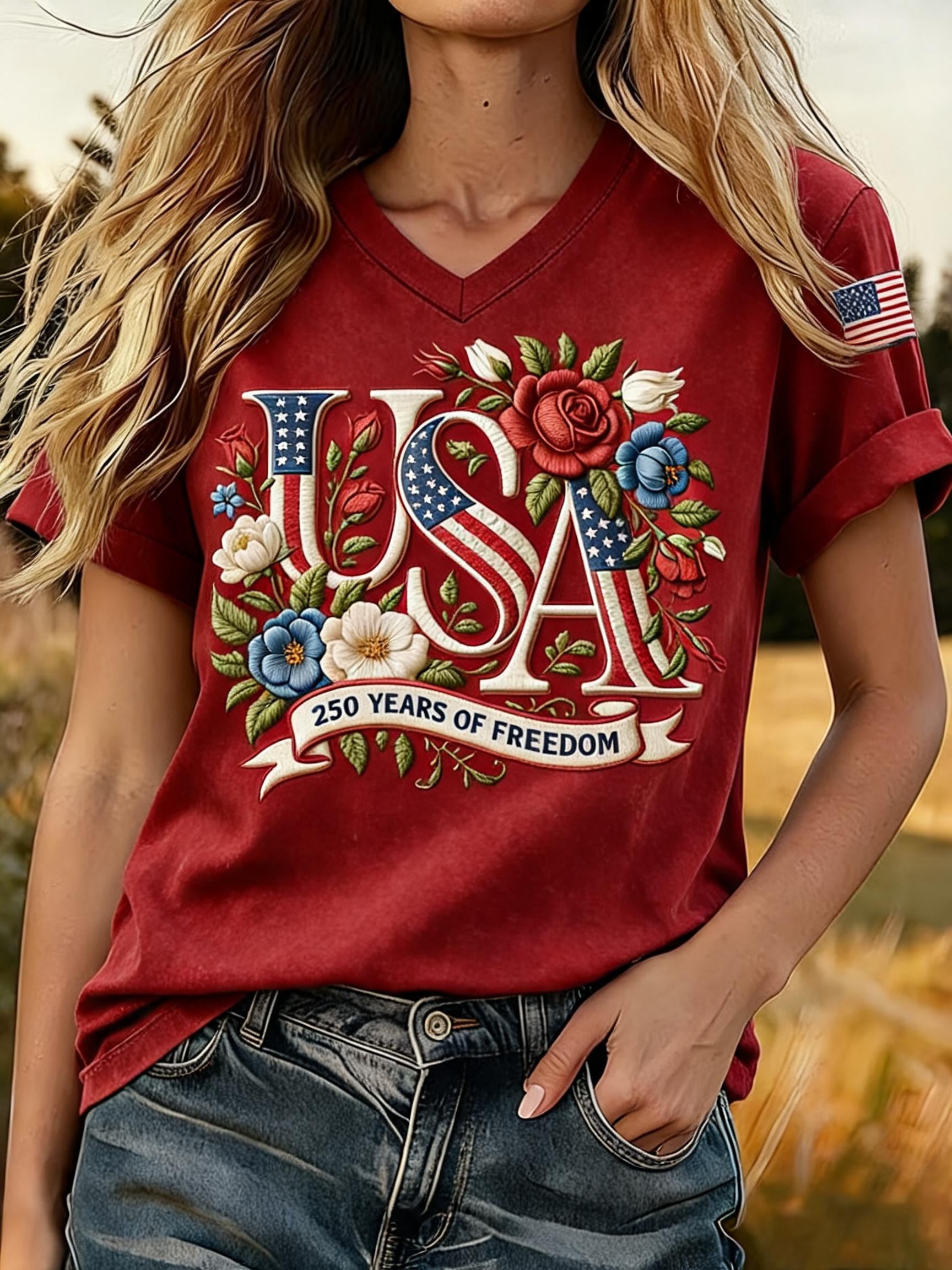 Women's 250th Anniversary Freedom Print V-Neck T-Shirt