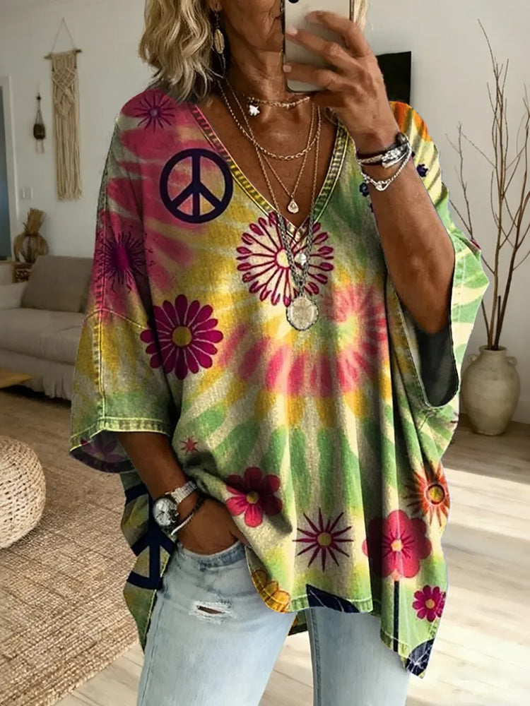 Women's Retro Hippie Floral Art Tie-dye Print Casual Cotton Linen T-shirt