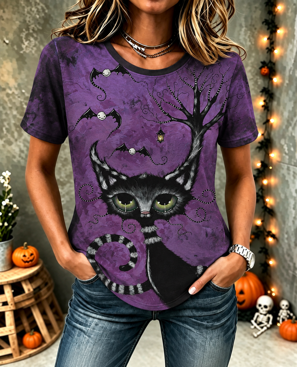 Women's Vintage Gothic Halloween Cat Print Comfy Print Tshirt