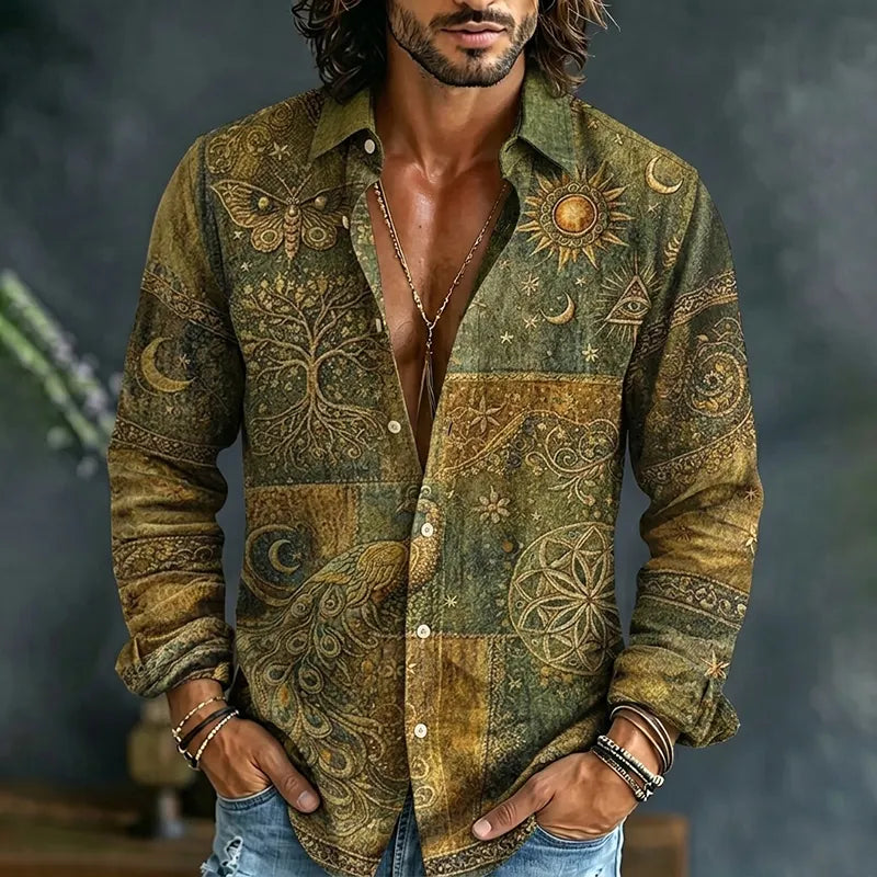 Men's Mystical Hippie Style Peacock Sun And Moon Art Print Long Sleeve Shirt