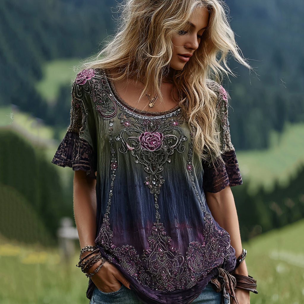 Women's Vintage Romantic Celtic Knot With Floral Art Linen Blend T-shirt