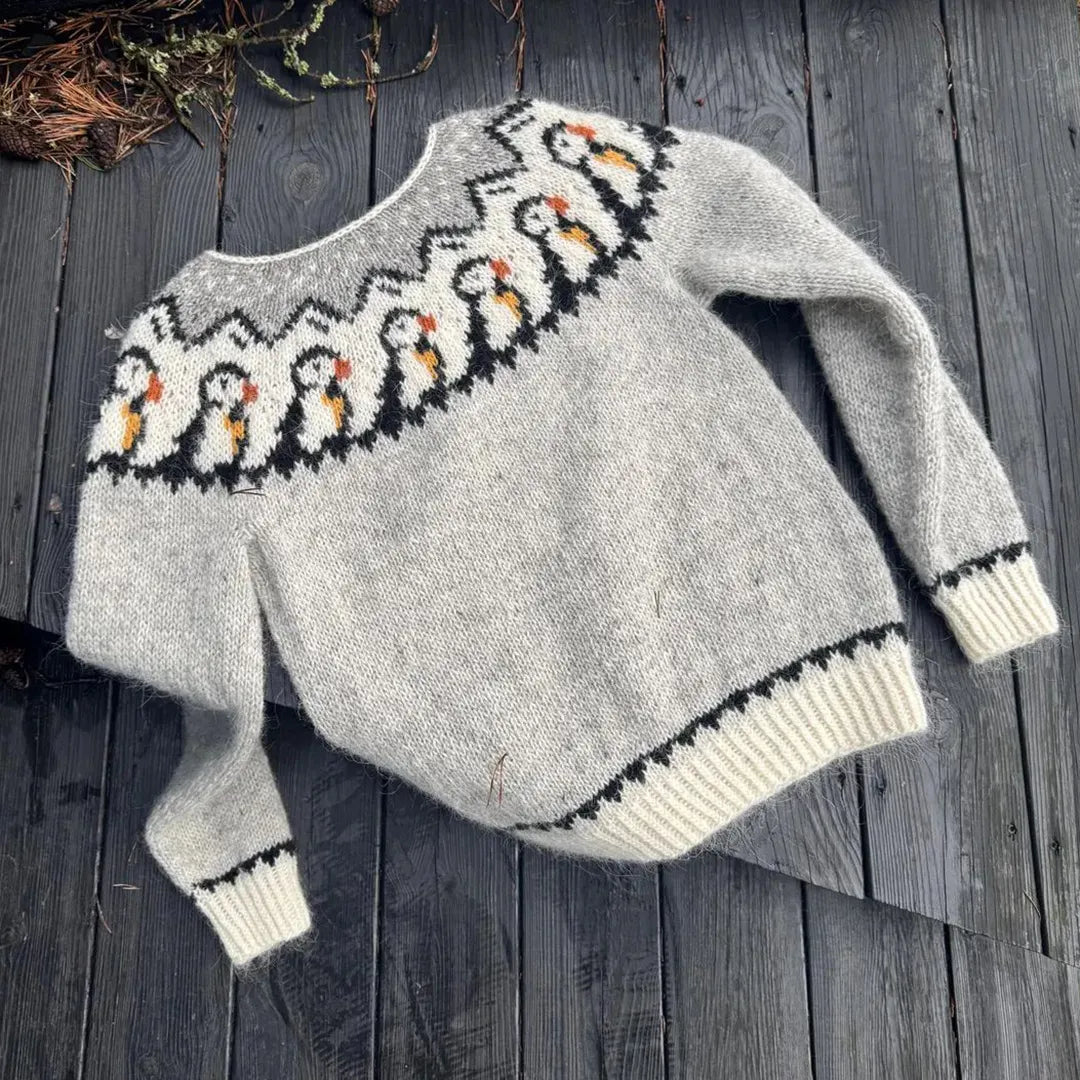 Women's Puffin Motif Print Knitted Comfort Round Neck Sweater