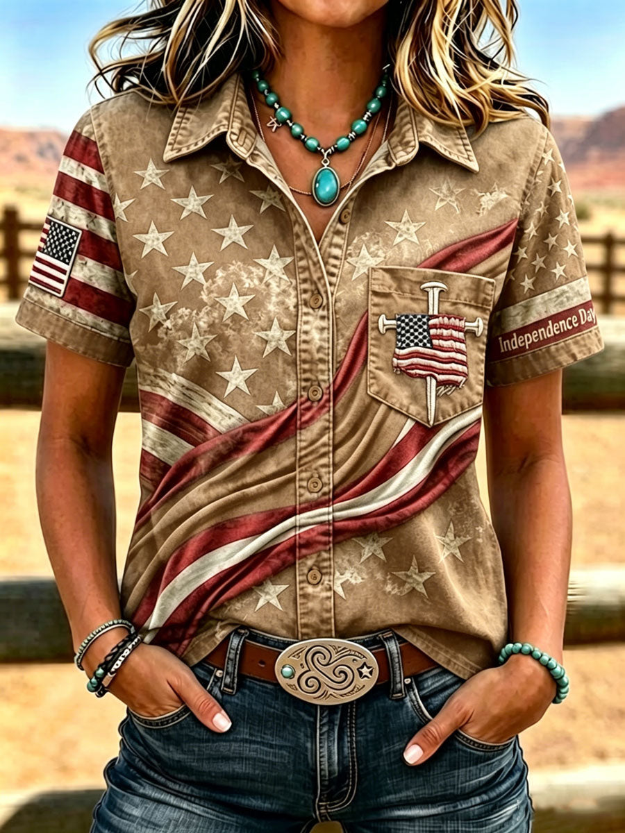 Women's Western-style vintage shirt with flag pattern