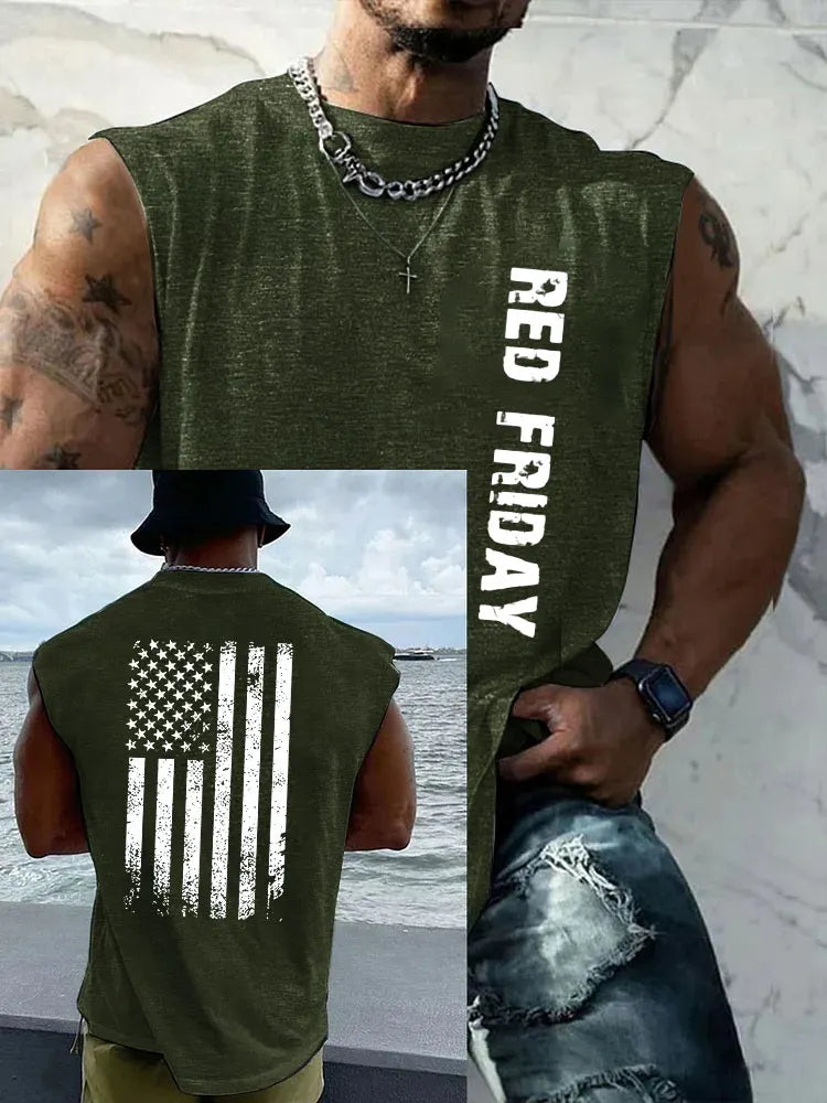 Red Friday America Flag Pattern Round Neck 100% Cotton Tank Top