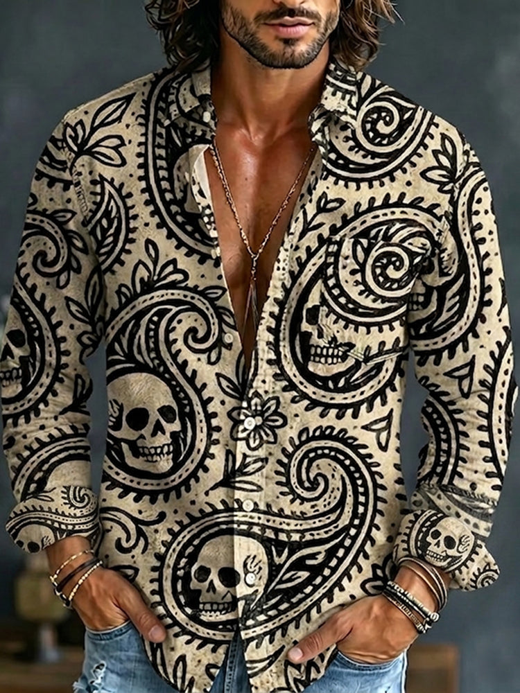 Men's Hippie Skull Paisley Art Print Pocket Long Sleeve Shirt