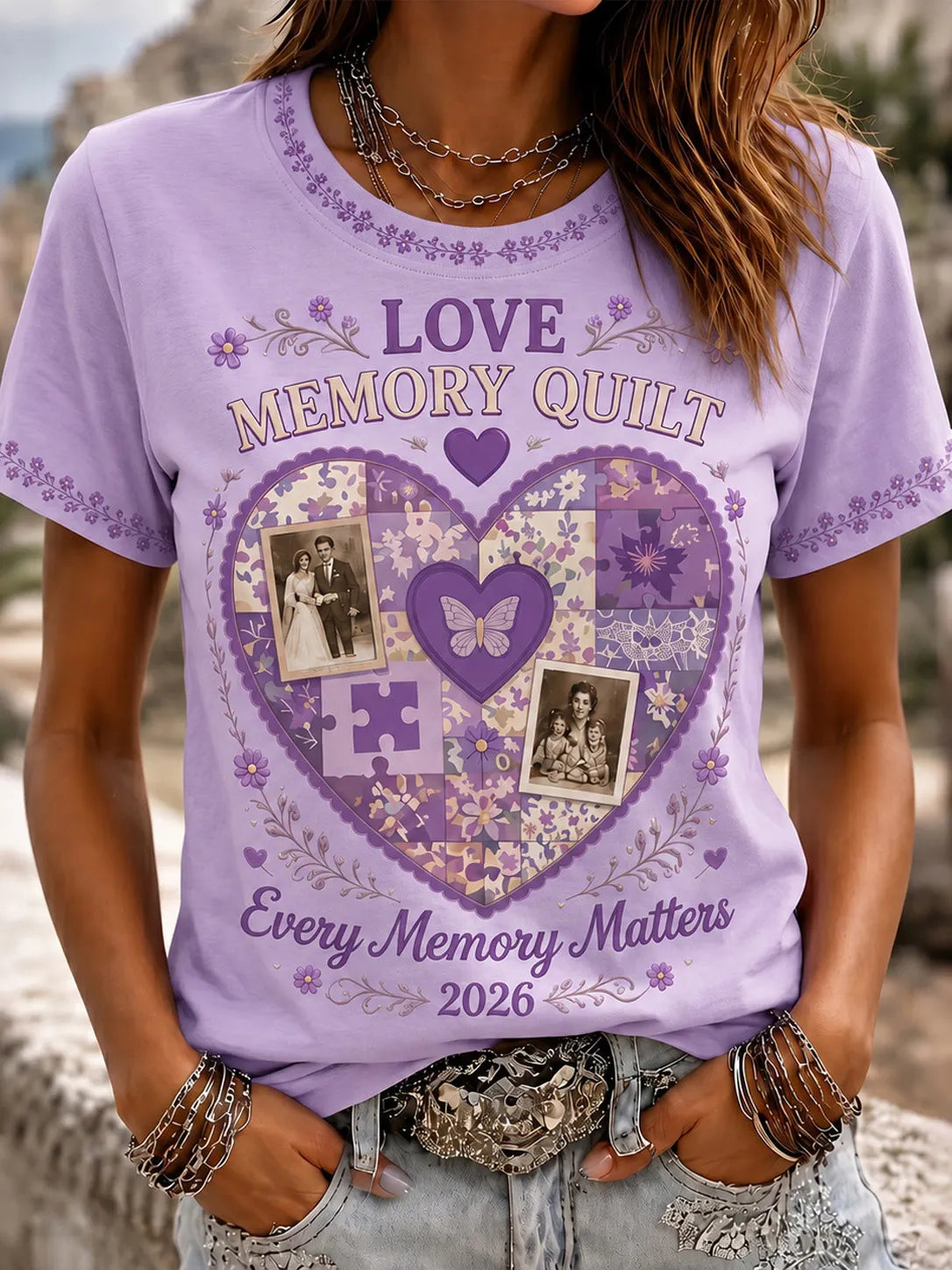 Women's Memory Quilt Love Art Pattern Alzheimer Awareness T-shirt