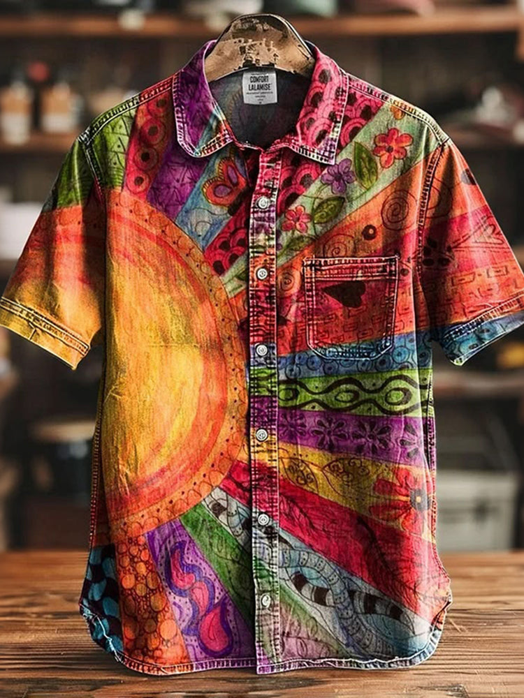 Vintage Sun Color Block Art Print Casual Pocket Shirt