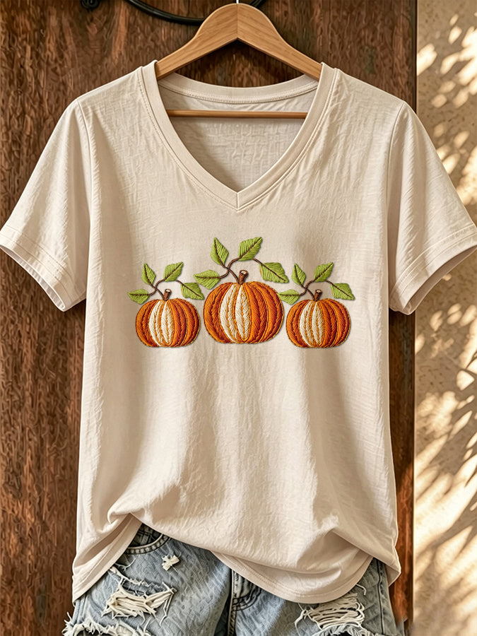 Women's Pumpkin Print V-Neck T-Shirt
