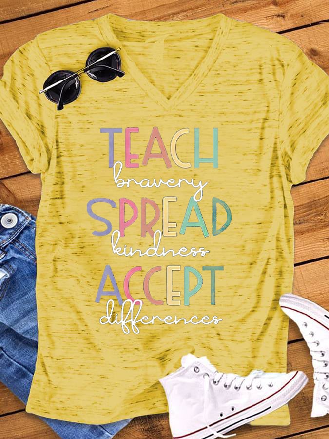 Women's Autism Awareness In April We Wear Blue Autism Month Printed Short Sleeve V-neck T-shirt