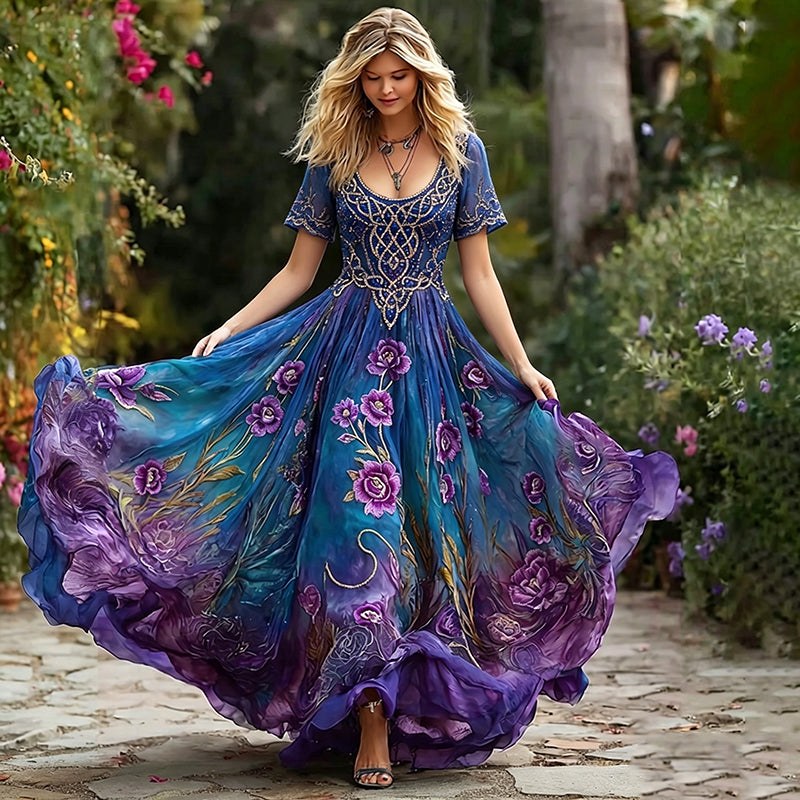 Women's Viking Celtic Knot And Purple Floral Pattern Casual Round Neck Dress