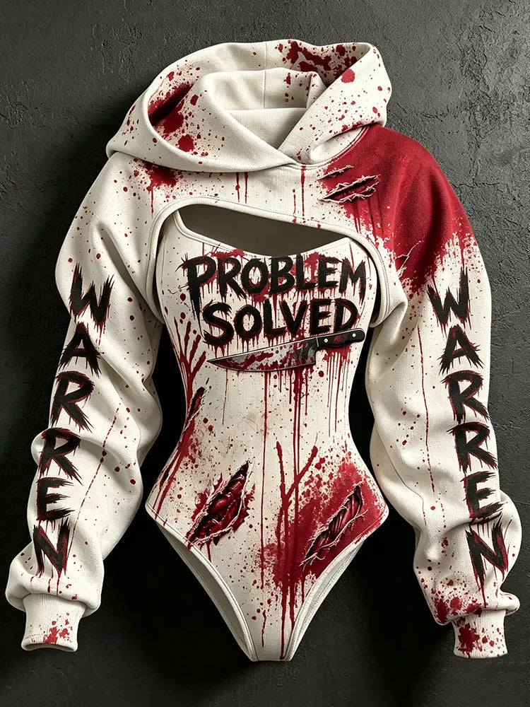Women's Bloodstained Ripped Muscle Letter Print Halloween Hoodie Two-piece Set