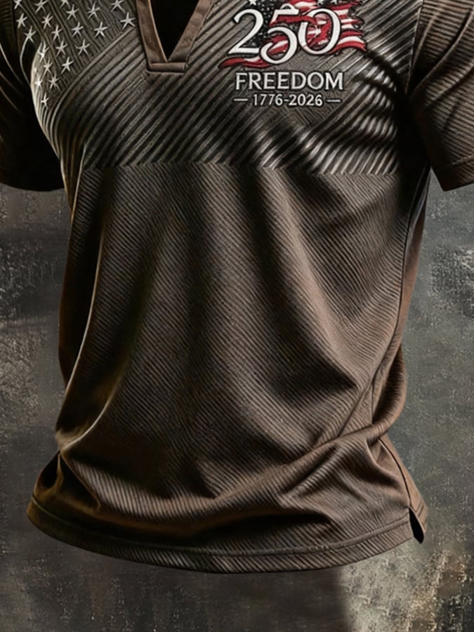 Men's Retro Independence Day Patriot V-Neck Henley Short-Sleeve T-Shirt