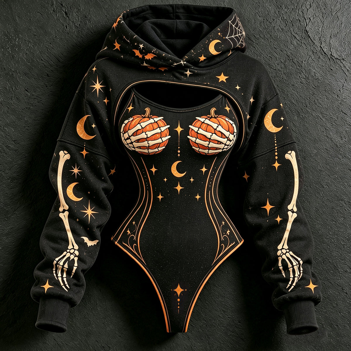 Women's Retro Halloween Pumpkin & Skeleton Hand Print Casual Two-piece Set