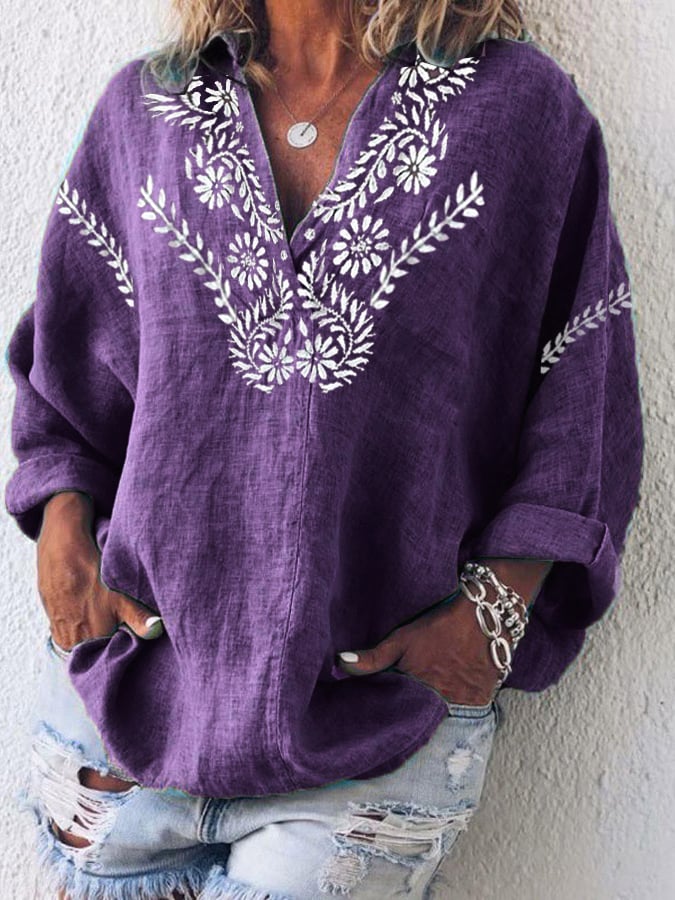 Women's Cotton And Linen Purple Floral V-Neck Top