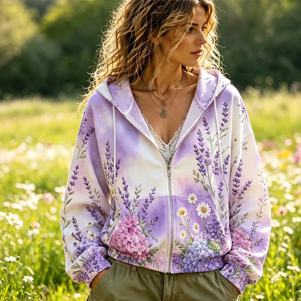 Women's Lavender & Hydrangea Floral Zip-up Hoodie - Tie-dye Effect Drawstring Hooded Jacket