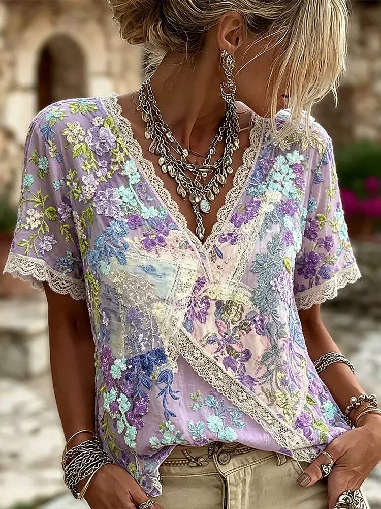 Women's Purple Floral And Sequin Lace Cotton Linen V-neck Short-sleeved Top