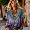 Women's Retro Boho Celtic Knot Dragonfly With Floral Art Linen Blend T-shirt