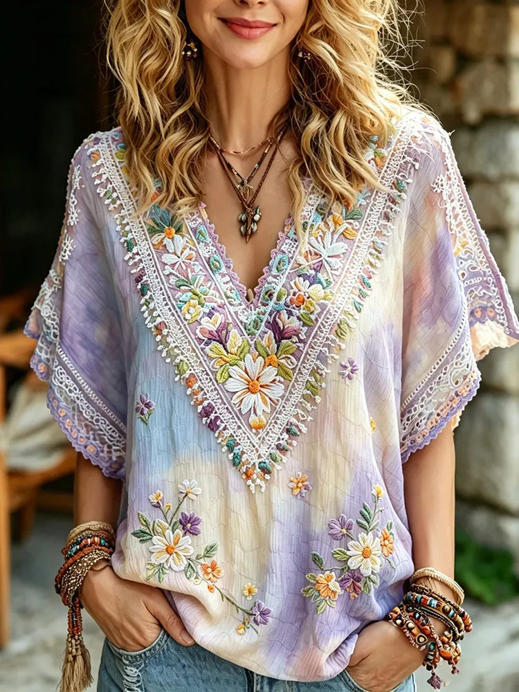 Women's Retro Boho Floral Casual V Neck Cotton Linen T-shirt