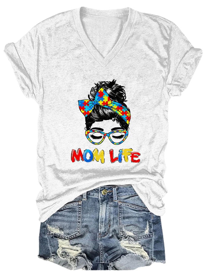 V-neck Autism Awareness Mom Life Print T-Shirt