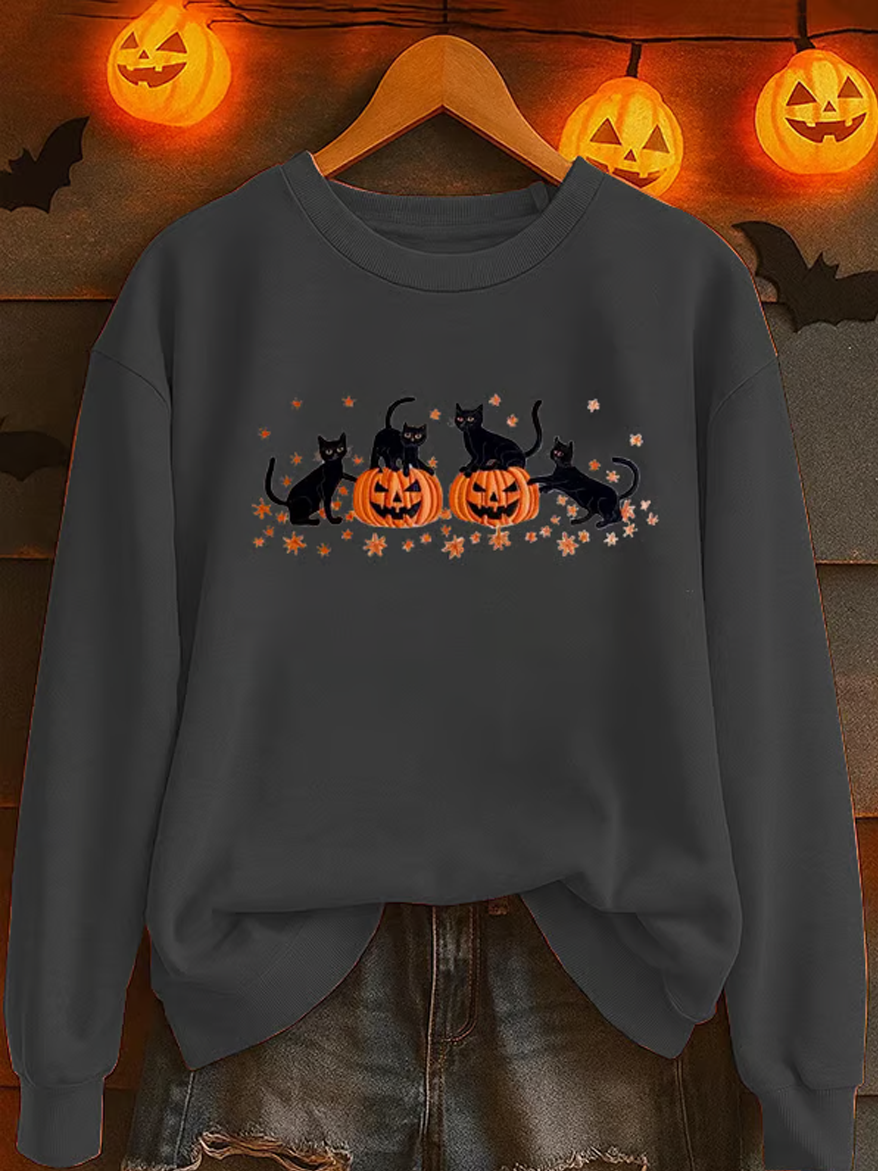 Women's Autumn Long Sleeve Top with Halloween Cat Print