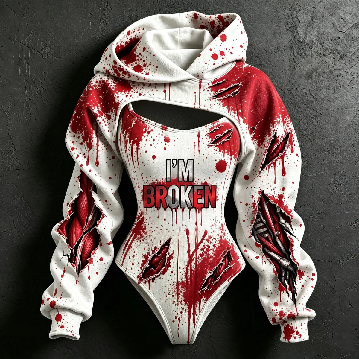 Women's Retro Bloodstained Tear Wound "i'm Broken" Print Sweatshirt Two-piece Set