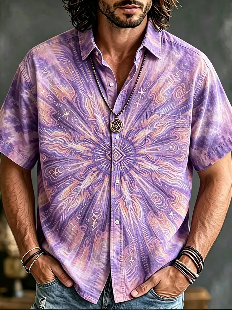 Men's Bohemian-style Tie-dye Short-sleeved Button-down Shirt, Decorated With Sunburst Mandala And Geometric Patterns.