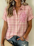 Women's Breast Cancer Awareness & Prevention Art Design Plaid Short-Sleeve Shirt