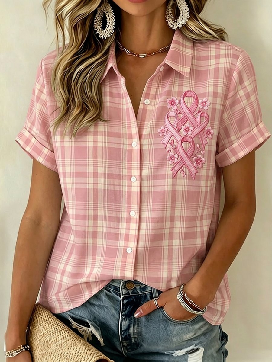 Women's Breast Cancer Awareness & Prevention Art Design Plaid Short-Sleeve Shirt
