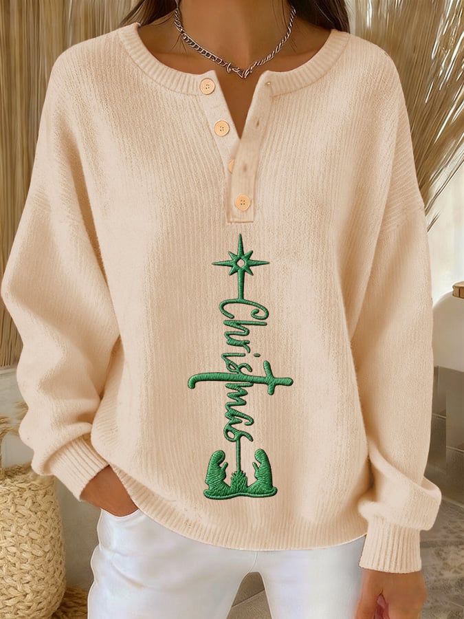 Women's Christmas Print Knit Button-Up Top