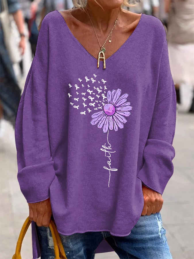 Women's Purple Alzheimer's Awareness Sunflower Faith V-Neck Top