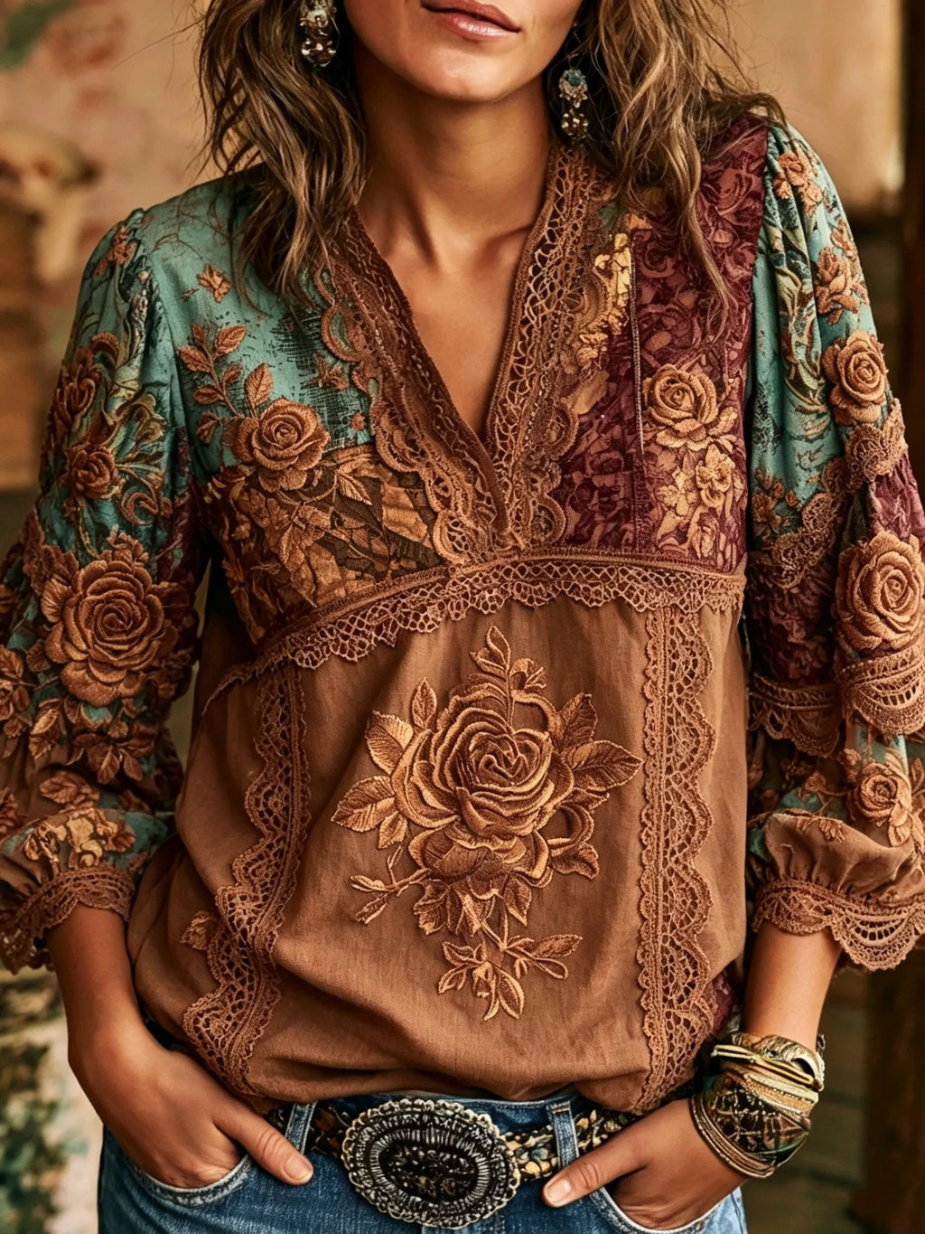 Women's Retro Bohemian Western Style Rose Floral Embroidery Patchwork Lace Print Top