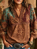 Women's Retro Bohemian Western Style Rose Floral Embroidery Patchwork Lace Print Top