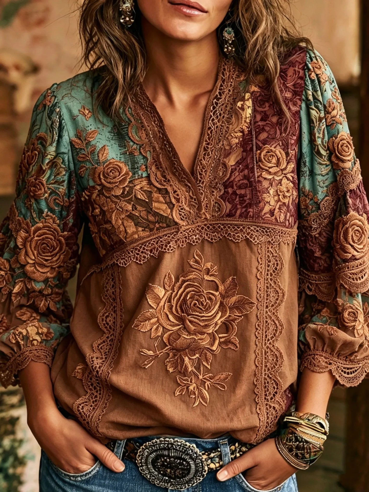 Women's Retro Bohemian Western Style Rose Floral Embroidery Patchwork Lace Print Top