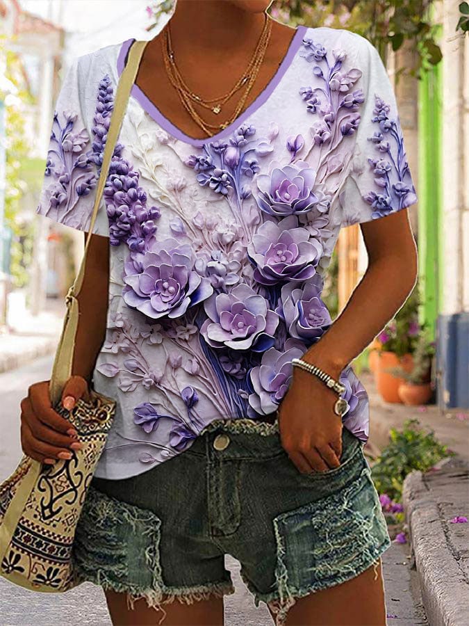 Women's Alzheimer's Purple Floral Print V-Neck T-Shirt