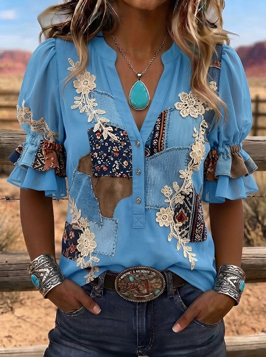 Women's Western Vintage Floral Patchwork Printed Top
