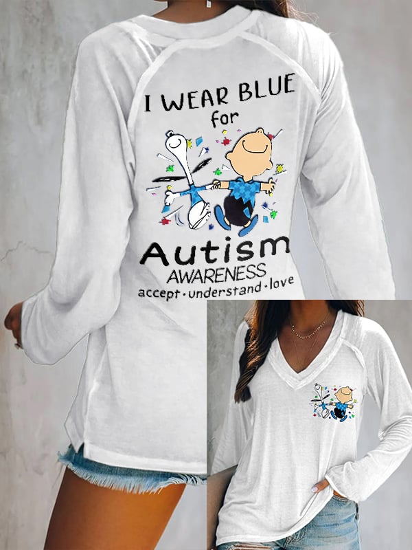 V-neck Retro Autism Awareness I Wear Blue For Autism Print T-Shirt