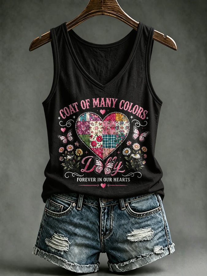 V-Neck Retro Coat Of Many Colors Forever In Our Hearts Print Tank Top
