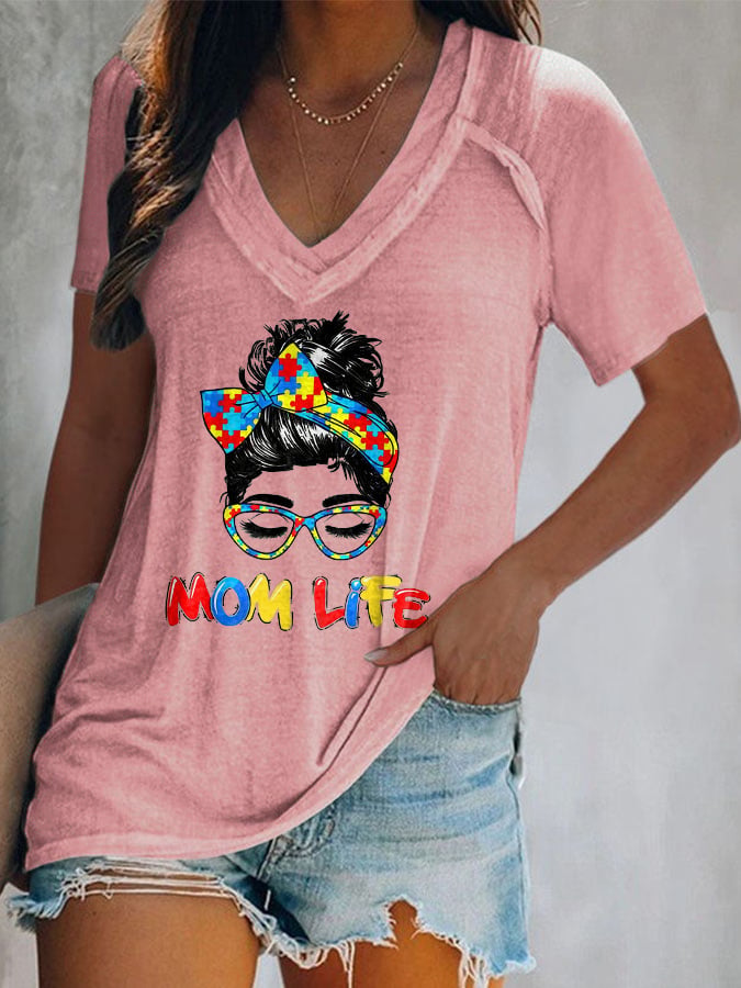 V-neck  Autism Awareness Mom Life Print T-Shirt