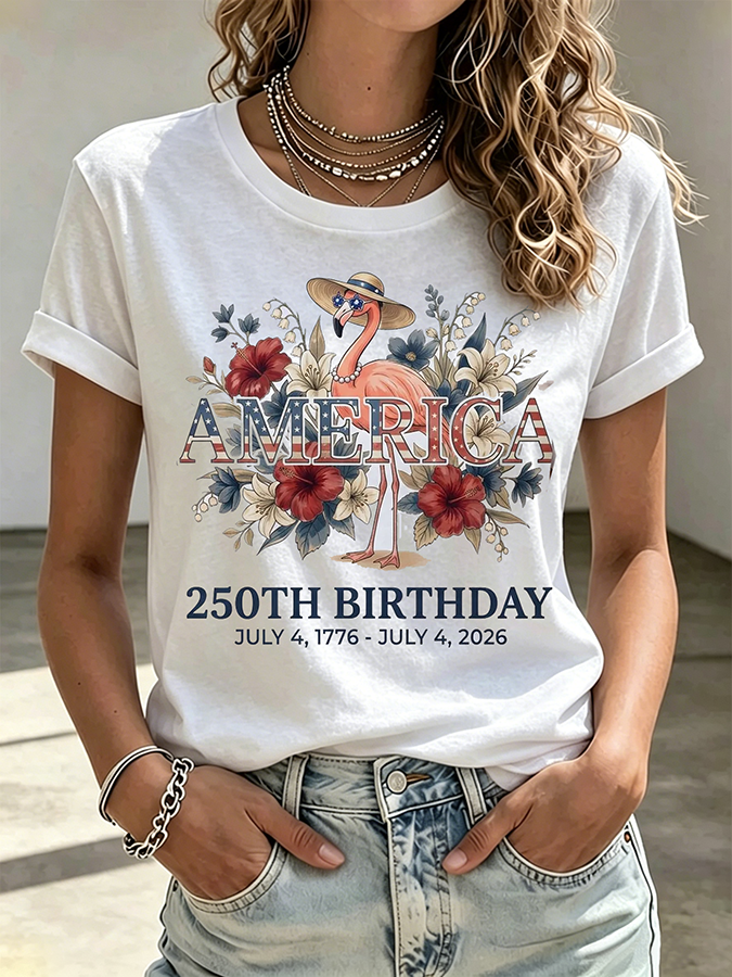 Ladies' Casual American 250Th Anniversary Flamingo Floral Commemorative Round Neck Short Sleeved T-Shirt
