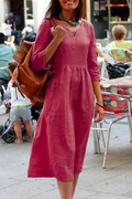 V-Neck Casual Dress, Three-Quarter Sleeves, With Pockets