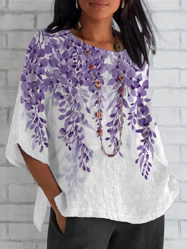 Women's Purple Plant Print Round Neck Loose Shirt