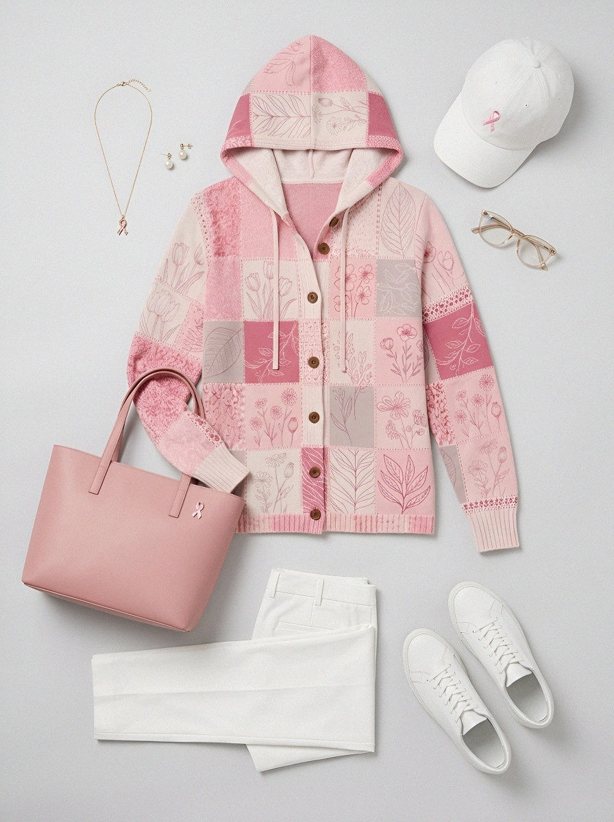 Women's Breast Cancer Awareness Pink Floral Patchwork Printed Cardigan