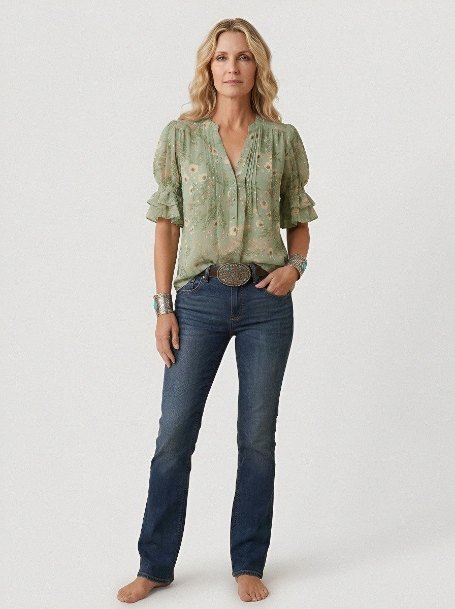 Women's Western Vintage Floral Ruffle Sleeve Printed Top