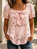 Women's Retro Retro Pink Bird Flowers Art Printed Casual Bow Shirt